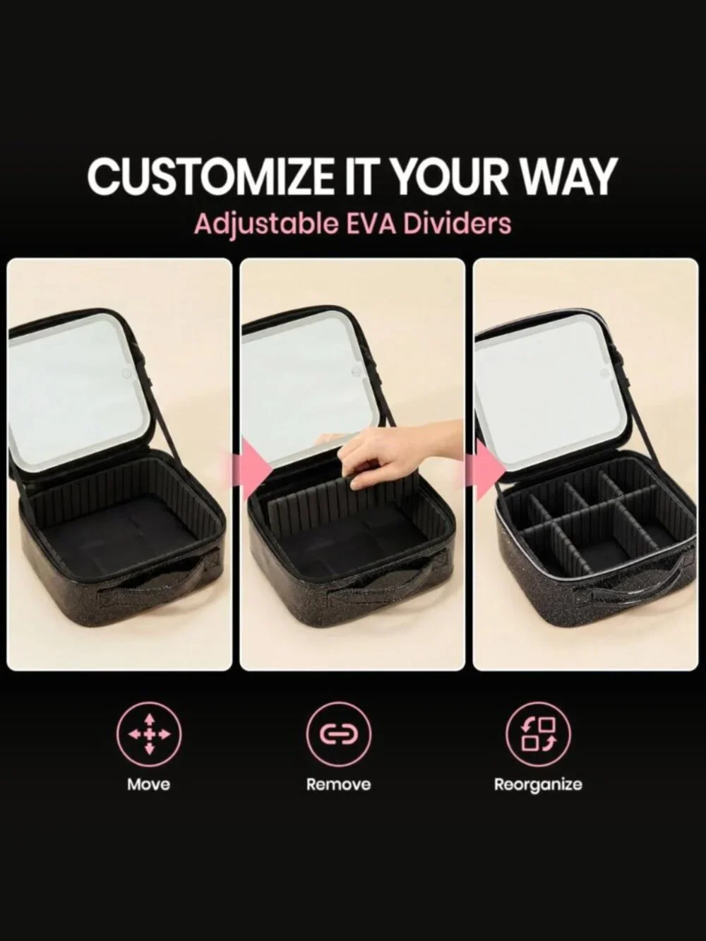 NEW Large Makeup Bag Detachable 4K LED Mirror Rechargeable Travel Case Organizer